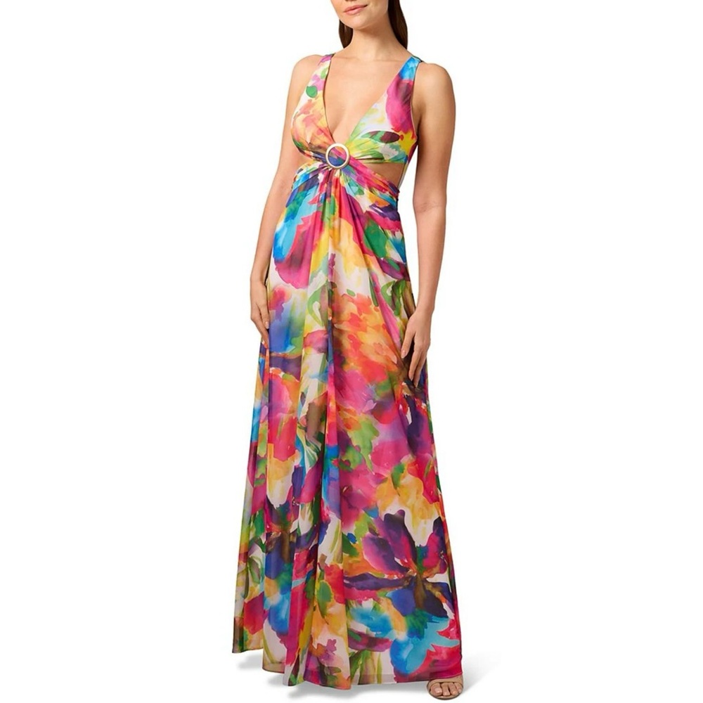 Vibrant Multi-Color Floral Maxi Dress with Ring Detail
